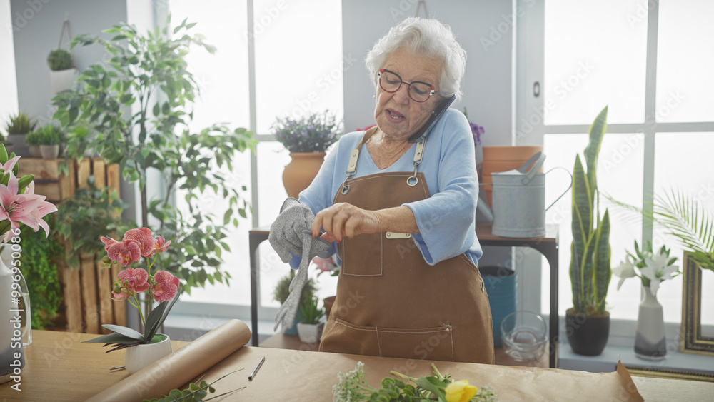 A senior woman with glasses puts on gloves in a flower shop with diverse plants around her. A senior woman with glasses puts on gloves in a flower shop with diverse plants around her.