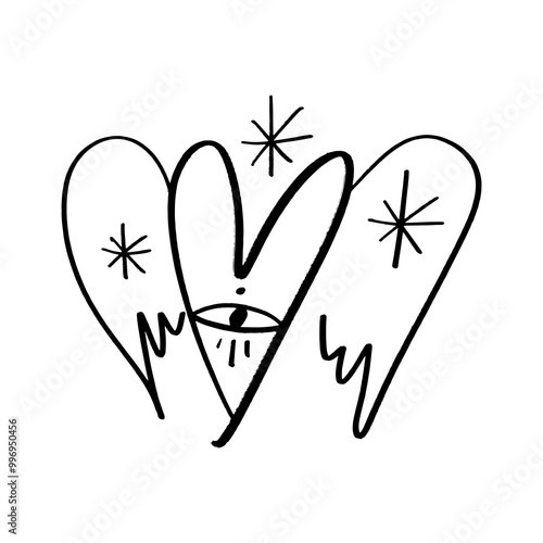 Hand-drawn fashion black isolated angel wings heart with eye face. Brush, ink. Decor element. Valentine's day card, pattern element and love symbol. Vector, clipart.