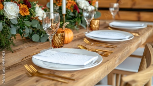 With autumn flowers, pumpkins, and gourds, this table setting is elegantly decorated for a fall wedding.