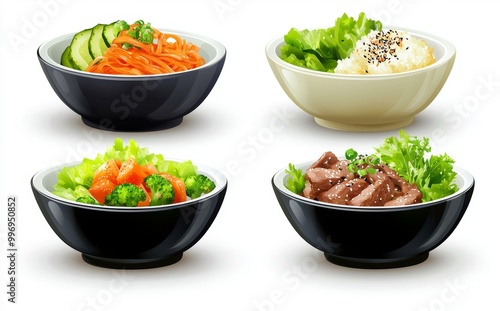 Cut-out of a bowl of noodles with beef and vegetables, top view on a transparent or white background,