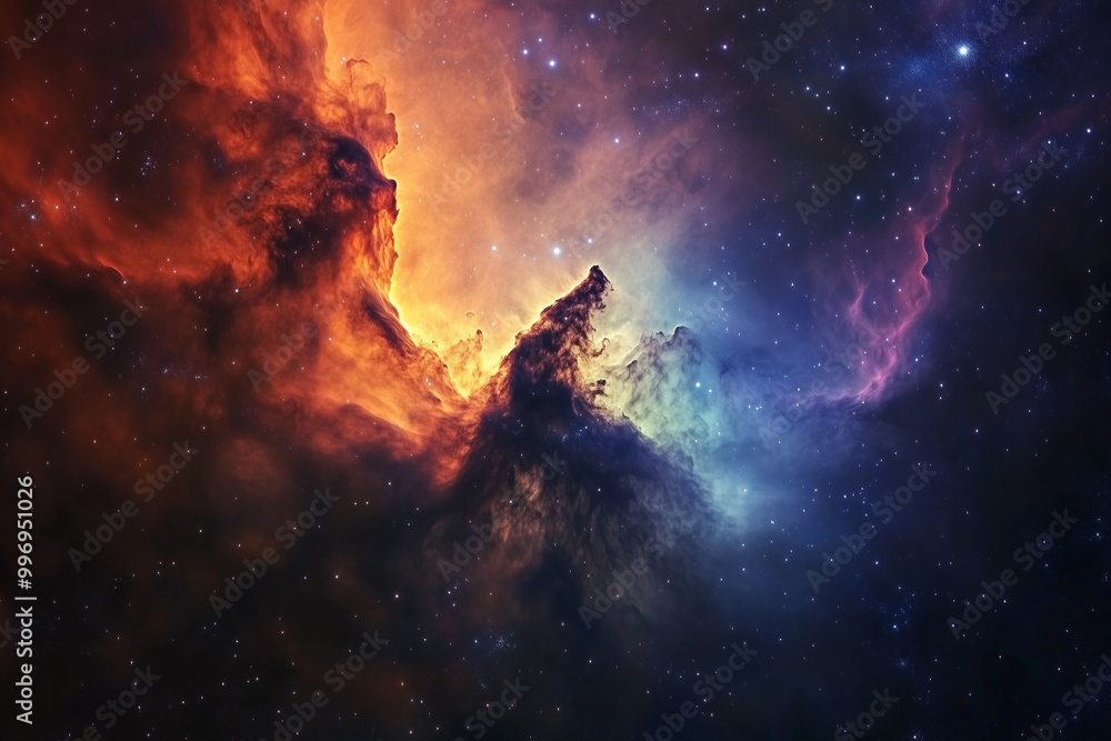 Fototapeta premium Cosmic Watercolors: A Nebula Glowing in Vibrant Colors, Deep in the Void of Outer Space