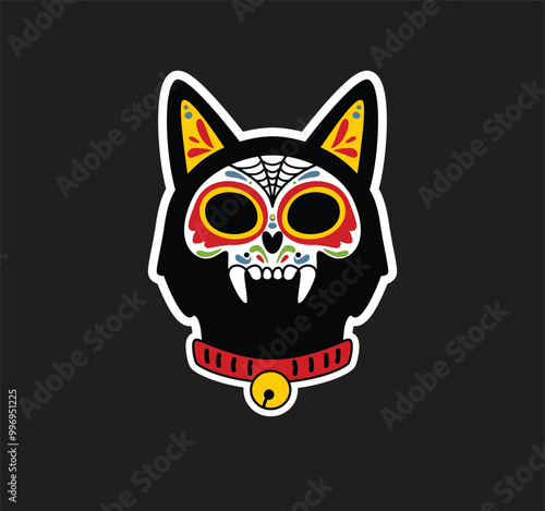 Mexican day of the dead cat skull illustration. Cute scary cartoon cat clip art.