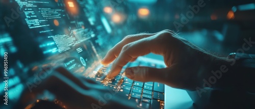 A close-up of a hand typing on a laptop with digital data displayed in the background.