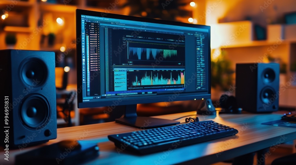 A modern workspace featuring a computer setup for audio editing and production. A modern workspace featuring a computer setup for audio editing and production.