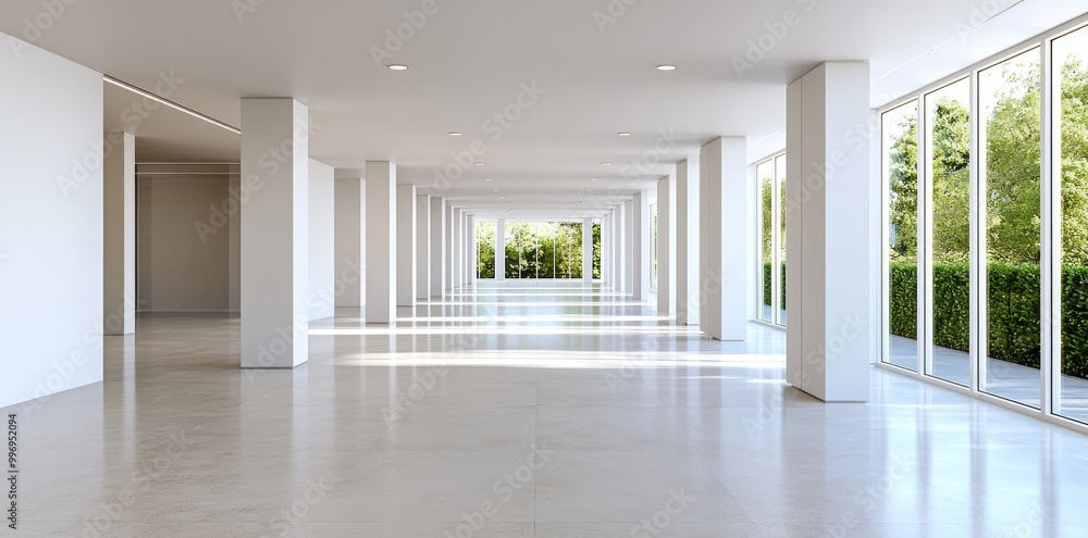 Obraz premium This template shows an empty, modern concrete room with pillars, a row of square ceiling lights and rough flooring.