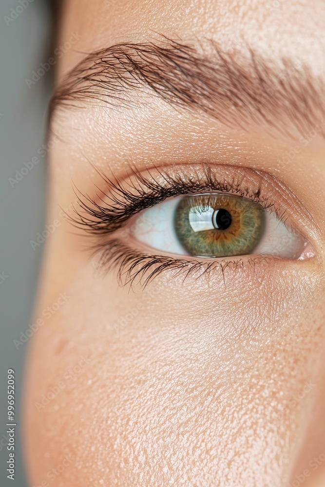 Obraz premium The woman is having her eye lids operated on blepharoplasty to remove the bags under her eyes and cope with aging. A post-op bandage is covering the scars and preventing bleeding after the surgery.