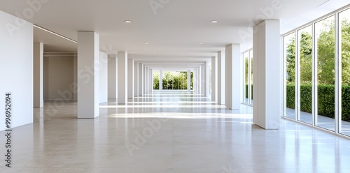 This template shows an empty, modern concrete room with pillars, a row of square ceiling lights and rough flooring.