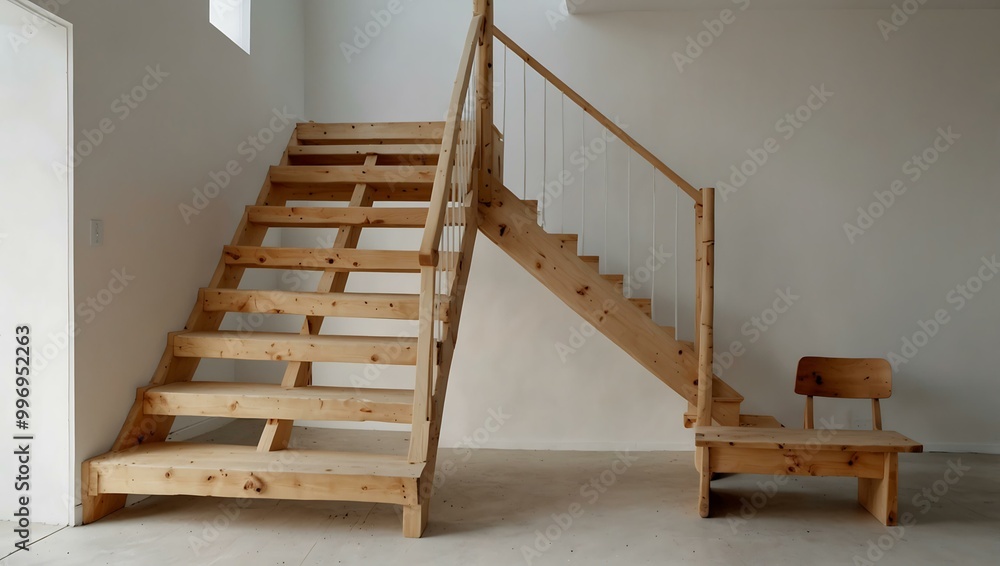 Light Pine Wood Stairs Against Clean White Backdrop Light Pine Wood Stairs Against Clean White Backdrop