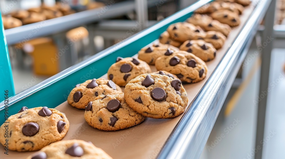 As a bustling bakery kitchen filled with activity cools rows of warm chocolate chip cookies As a bustling bakery kitchen filled with activity cools rows of warm chocolate chip cookies