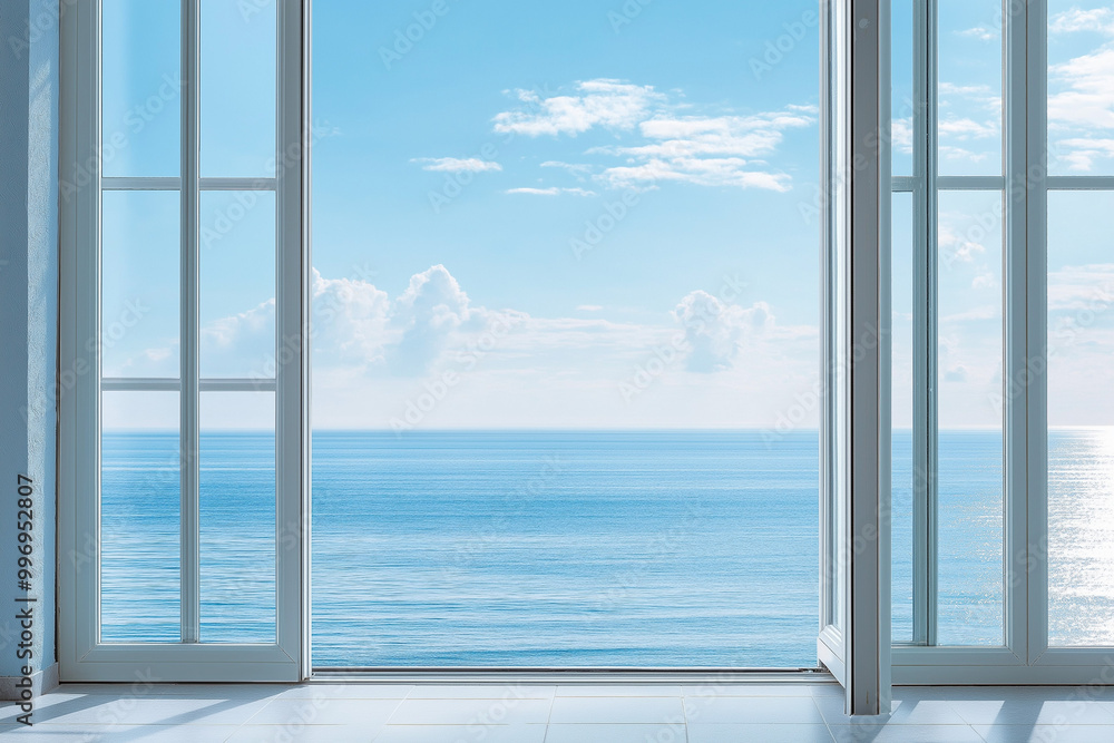 Fototapeta premium Crystal Clear Seaview: An Aesthetic Aluminum Door with an Unobstructed View of the Sparkling Ocean