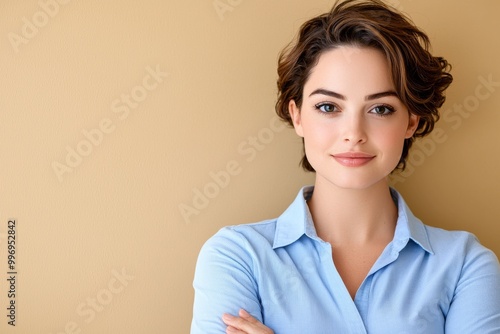 In this portrait, a young woman, a senior level backend developer, poses at the office with folded hands against a beige colored background with a blue shirt and folded arms