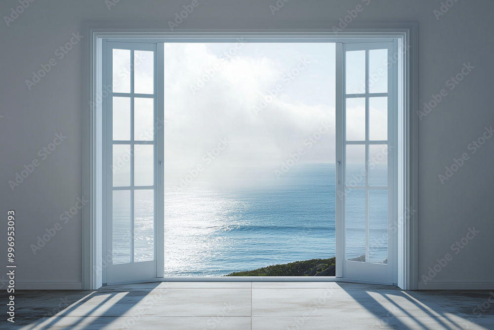 Fototapeta premium Misty Coastal View: An Elegant Aluminum Seaview Door Overlooking a Foggy Ocean Landscape