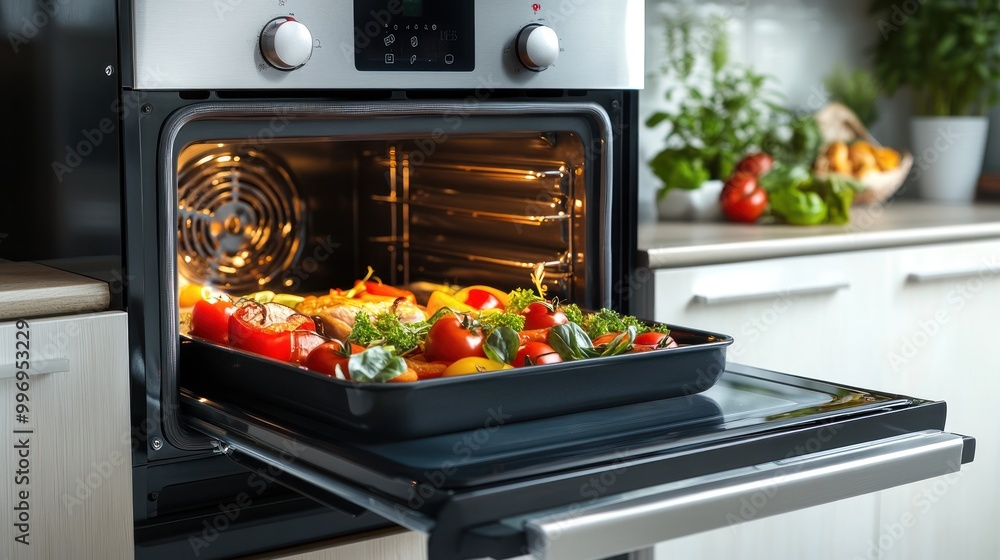 A tray of colorful vegetables roasting in an oven, showcasing healthy cooking. A tray of colorful vegetables roasting in an oven, showcasing healthy cooking.