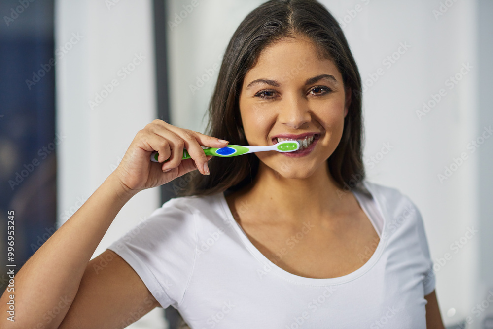 Portrait, smile and woman with toothbrush, bathroom and cleaning of mouth, hygiene and oral health. House, grooming and person with toothpaste for teeth, happy and wellness in morning and routine Portrait, smile and woman with toothbrush, bathroom and cleaning of mouth, hygiene and oral health. House, grooming and person with toothpaste for teeth, happy and wellness in morning and routine
