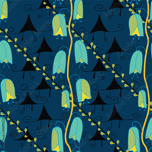Seamless pattern with blue flowers and cute ornaments