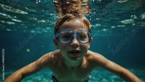 Little boy swimming underwater, evoking summer vacation vibes.