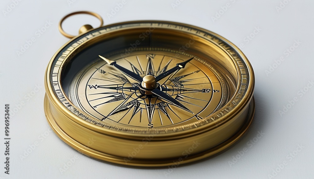 Brass Compass on White Surface with Detailed Design Brass Compass on White Surface with Detailed Design