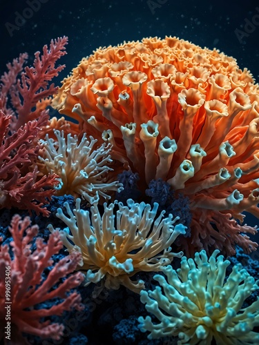 Living coral and anemone in the deep sea, digitally created.