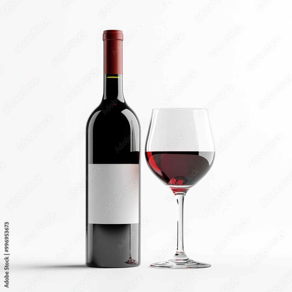 On a transparent background, a mock up of a red wine bottle is displayed alongside a wine glass On a transparent background, a mock up of a red wine bottle is displayed alongside a wine glass