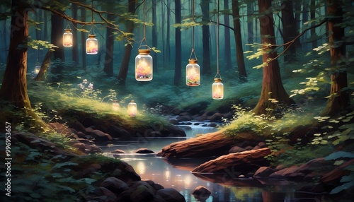 Magical Dusk in an Enchanted Forest with Shimmering Crystals