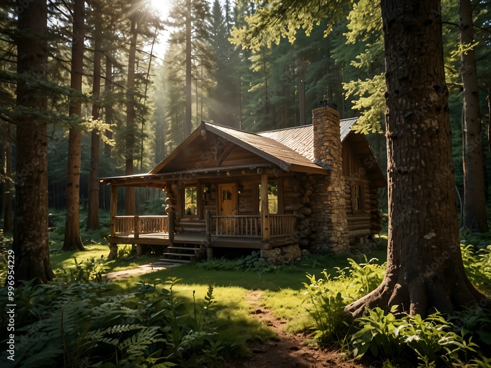 Log cabin nestled in a forest, sunlight streaming through trees. Log cabin nestled in a forest, sunlight streaming through trees.