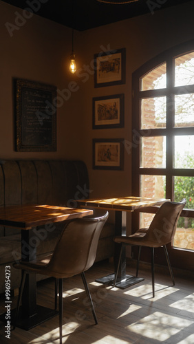 Cozy vintage interior of a cafe with sunlight casting shadows through the window.