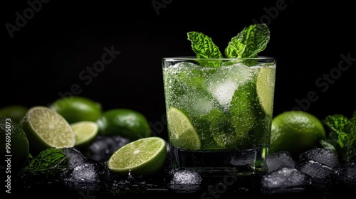 A glass of citrusy cocktail with lime and mint surrounded by ice cubes on a dark table, emphasizing the refreshing and cool attributes of the drink.