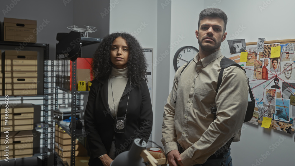 A serious man and woman in an office with a detective board, clock, and files, portraying investigators at work. A serious man and woman in an office with a detective board, clock, and files, portraying investigators at work.