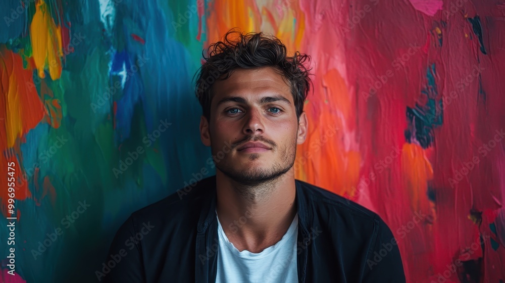 A thoughtful man stands against a vibrant colorful abstract art backdrop, reflecting deep contemplation and artistic surroundings that spark imagination and inspiration. A thoughtful man stands against a vibrant colorful abstract art backdrop, reflecting deep contemplation and artistic surroundings that spark imagination and inspiration.