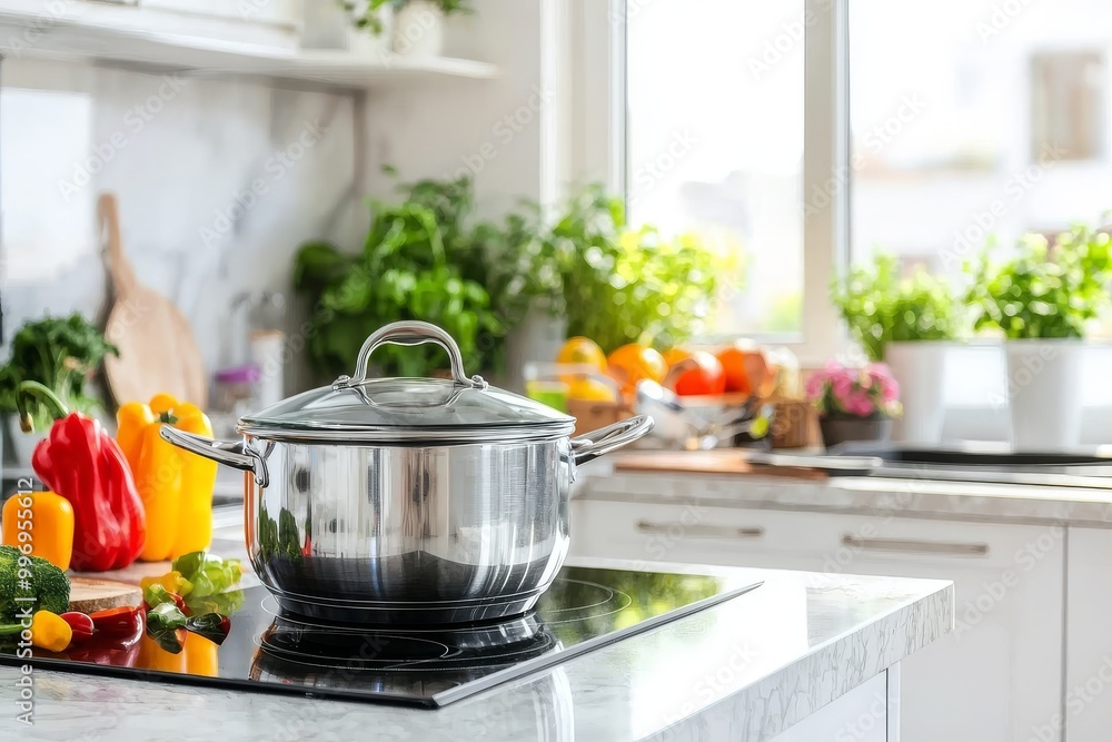 A stainless steel pan with lid sits on a ceramic glass hob in the kitchen A stainless steel pan with lid sits on a ceramic glass hob in the kitchen