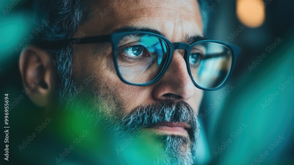 A coder wearing glasses works on programming in a dimly lit environment, concentrating on the information displayed on the screen, signifying focus and modern technology. A coder wearing glasses works on programming in a dimly lit environment, concentrating on the information displayed on the screen, signifying focus and modern technology.