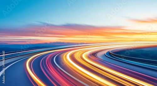 A colorful light trail symbolizes digital marketing's speed and movement. Stock image.