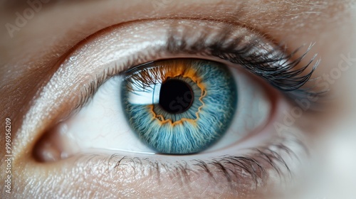 A captivating close-up photograph of a blue and orange human eye, showcasing the intricate details and colors of the iris, conveying a sense of curiosity and wonder.