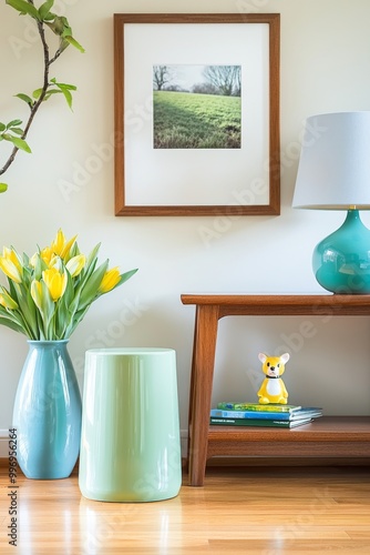 Interior vignette with blue lamp, vase of fresh flowers, and playful decorative elements on minimalist shelf