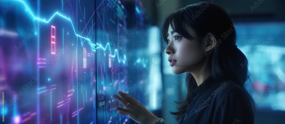 Woman Analyzing Data on a Futuristic Interactive Screen Woman Analyzing Data on a Futuristic Interactive Screen