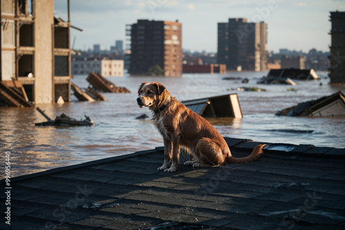 A lonely dog that escaped the flood stands on the roof of a house.  A massive flood has swamped the city, leaving behind devastation. Buildings are partially submerged, and debris floats in water.