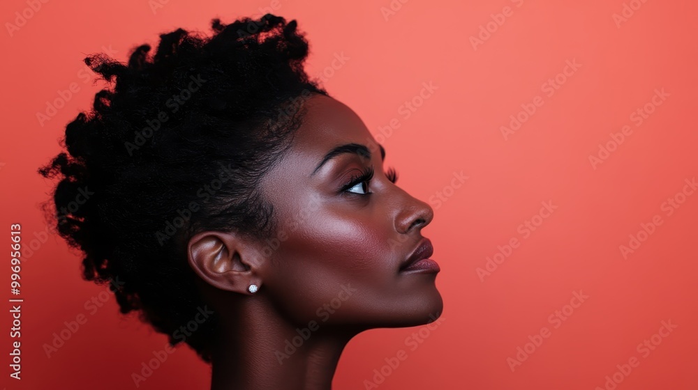 This captivating image emphasizes the distinctive hairstyle of an individual against a bold red backdrop, merging elements of elegance with contemporary style. This captivating image emphasizes the distinctive hairstyle of an individual against a bold red backdrop, merging elements of elegance with contemporary style.