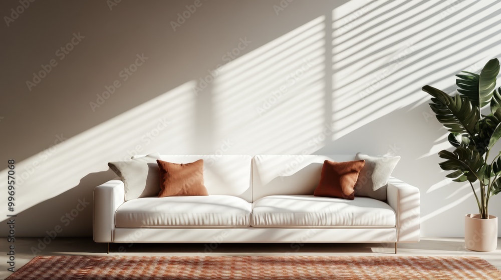 A sunlit modern living room featuring a sleek white sofa adorned with orange cushions, complemented by lush green plants and minimalist decor creating a serene atmosphere. A sunlit modern living room featuring a sleek white sofa adorned with orange cushions, complemented by lush green plants and minimalist decor creating a serene atmosphere.