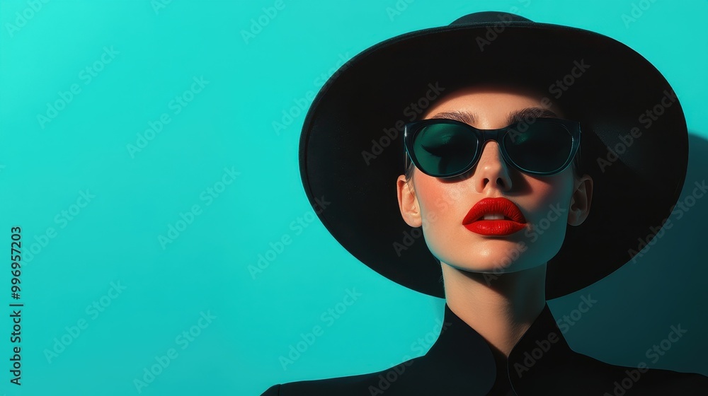 A woman in silhouette wears cat-eye shades and red lipstick, exuding retro glam vibe with a turquoise background, blending boldness and vintage allure. A woman in silhouette wears cat-eye shades and red lipstick, exuding retro glam vibe with a turquoise background, blending boldness and vintage allure.