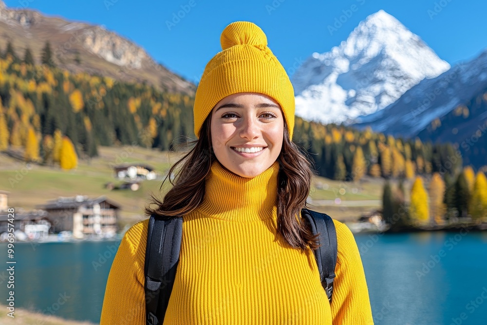 During a sunny autumn day in the countryside, a young woman enjoys a moment of silence by the river, surrounded by colorful foliage and nature. Hiking, travel, vacation. During a sunny autumn day in the countryside, a young woman enjoys a moment of silence by the river, surrounded by colorful foliage and nature. Hiking, travel, vacation.