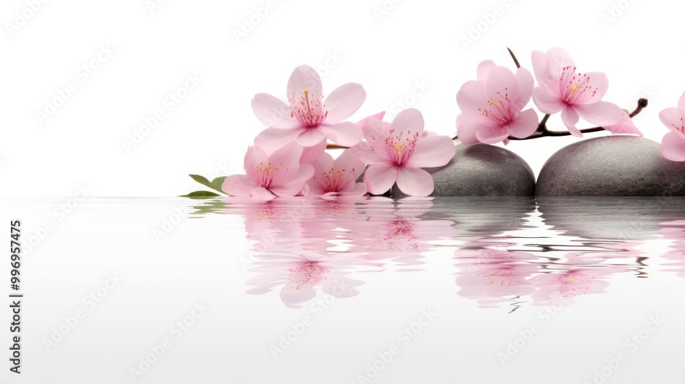 Pink Blossoms and Grey Stones Resting on Water Pink Blossoms and Grey Stones Resting on Water