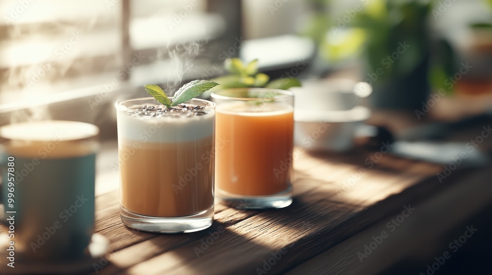 A delightful scene featuring a steaming latte garnished with mint beside a fresh juice on a wooden table, capturing a refreshing and invigorating moment in natural light. A delightful scene featuring a steaming latte garnished with mint beside a fresh juice on a wooden table, capturing a refreshing and invigorating moment in natural light.