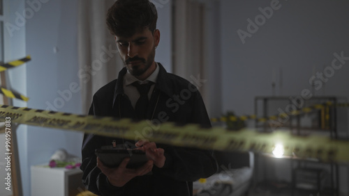 A young hispanic man analyzing evidence at a dimly lit indoor crime scene tape cordoned area. photo