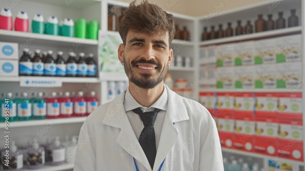 Handsome hispanic man wearing a lab coat standing in a pharmacy with shelves of products in the background. Handsome hispanic man wearing a lab coat standing in a pharmacy with shelves of products in the background.