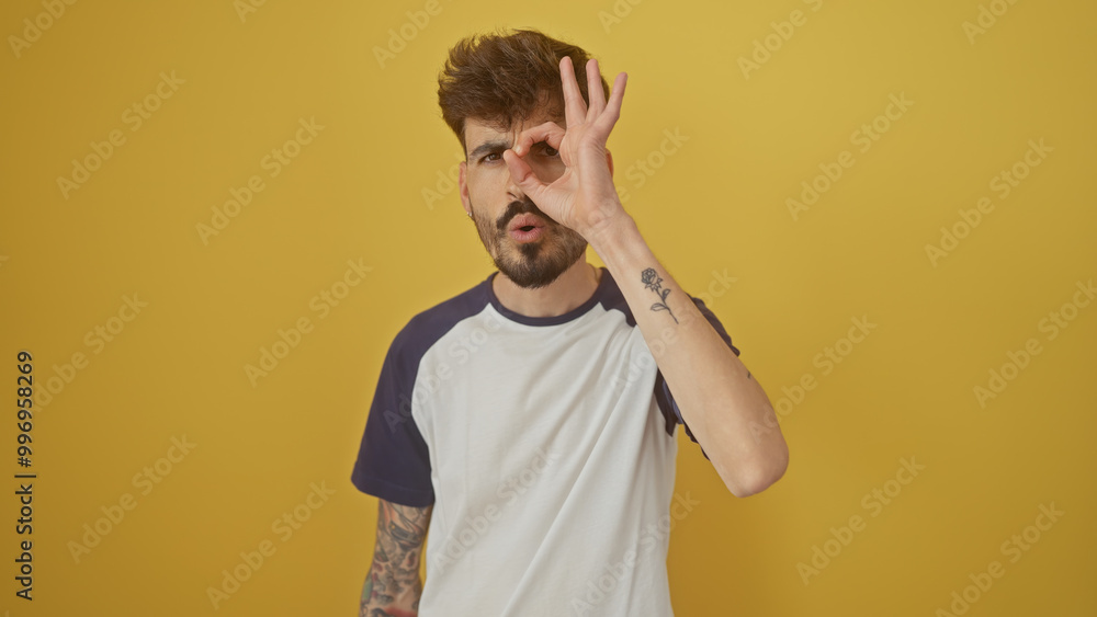 Handsome young man with beard and tattoos making an okay gesture isolated on a yellow background Handsome young man with beard and tattoos making an okay gesture isolated on a yellow background