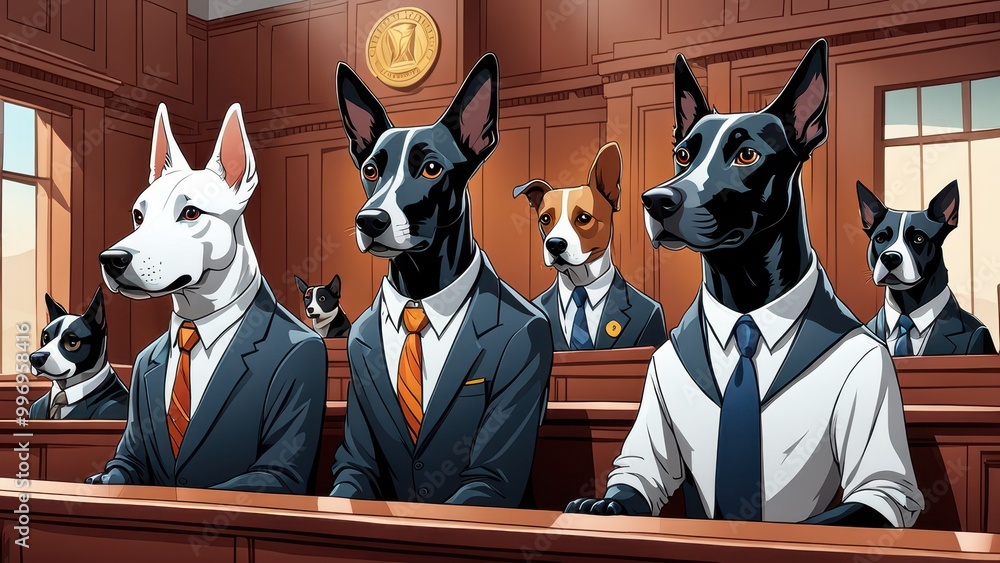 Fototapeta premium A courtroom scene with dogs in suits, humorously depicting them as jurors.