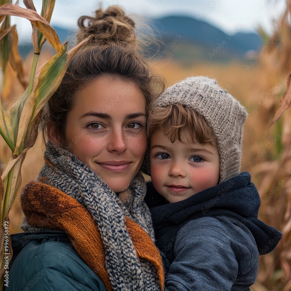 Obraz premium Mother and child joyfully navigating a tall corn maze on a sunny autumn afternoon