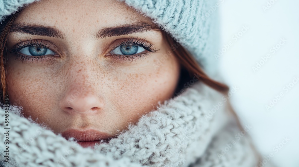 A close-up portrait of a woman strikingly enfolded in a gray knit set, her calm blue eyes and freckles standing out against a snowy white backdrop, suggesting tranquility. A close-up portrait of a woman strikingly enfolded in a gray knit set, her calm blue eyes and freckles standing out against a snowy white backdrop, suggesting tranquility.