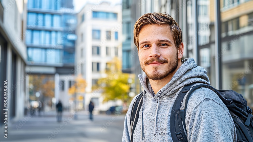 The handsome Hispanic man with beard smiles on the street of an urban area The handsome Hispanic man with beard smiles on the street of an urban area