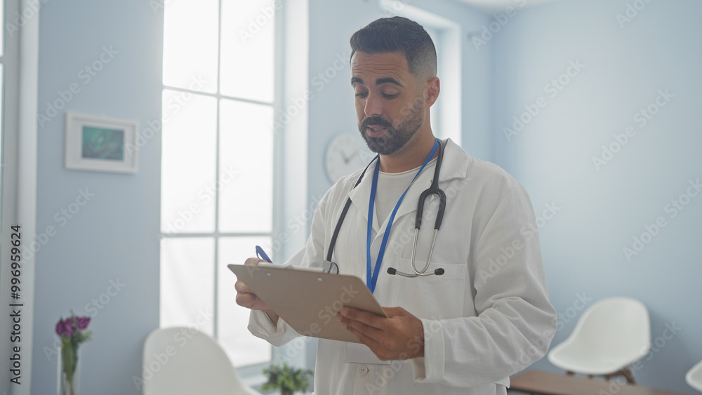 Handsome hispanic man, wearing a lab coat and stethoscope, takes notes in a bright clinic room. Handsome hispanic man, wearing a lab coat and stethoscope, takes notes in a bright clinic room.